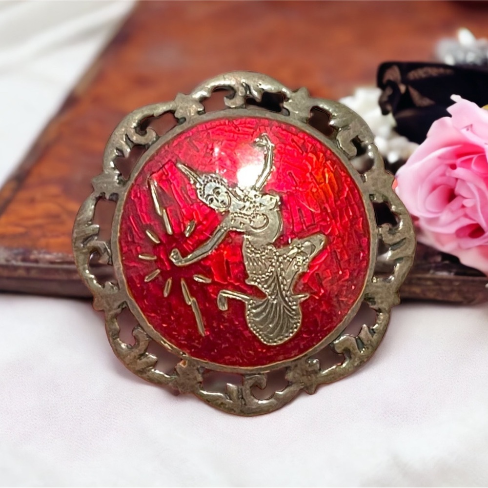 Rare Vintage Siam Sterling silver 925 Cherry red Enamel Goddess brooch